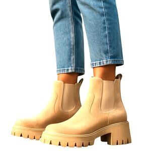 ZBY 11 Cream Women's Combat Ankle Boots 3 Inch High Heel Shoe Chunky